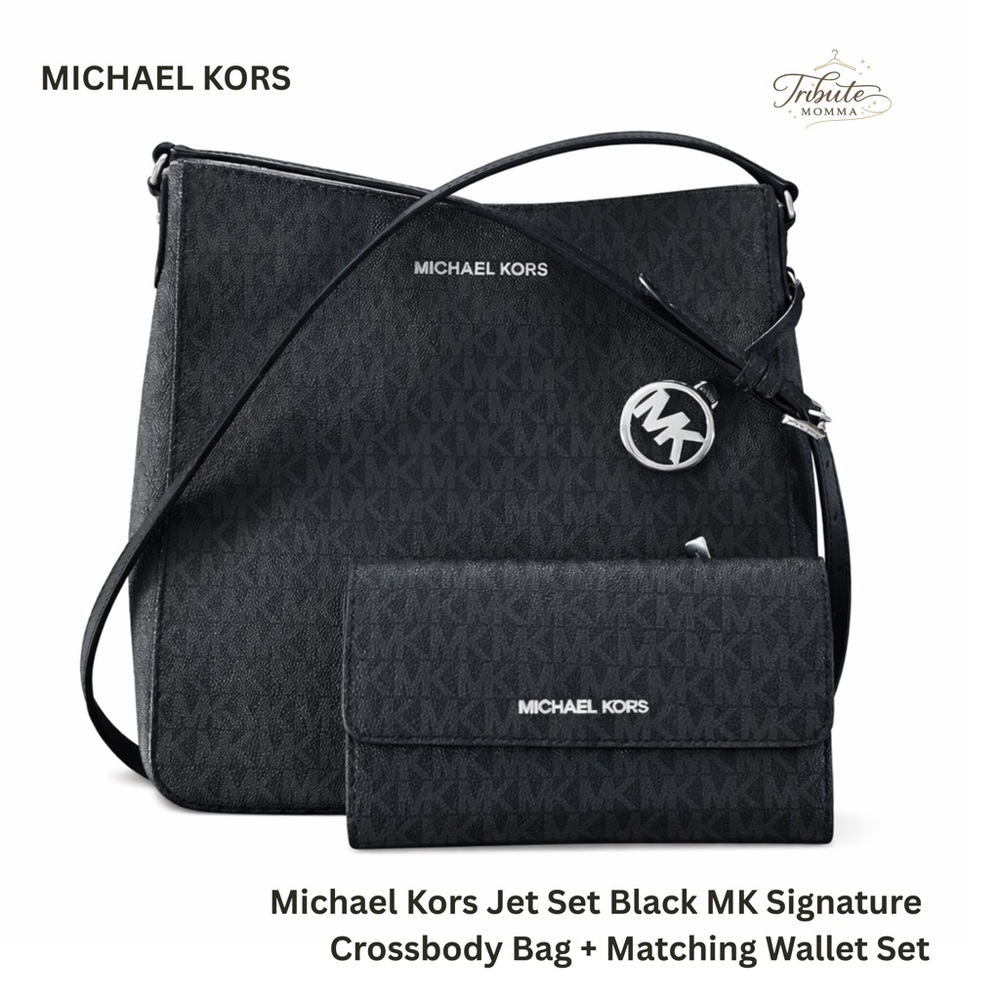 Michael Kors Black MK Signature Crossbody Bag and Wallet Set